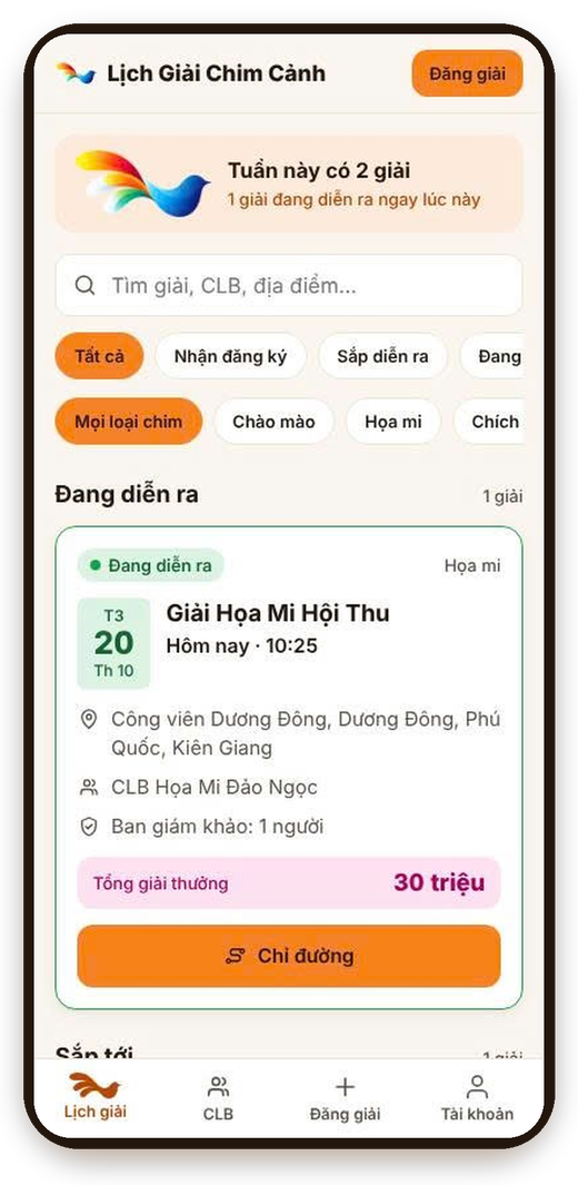 Danh sách giải đang diễn ra, sắp diễn ra