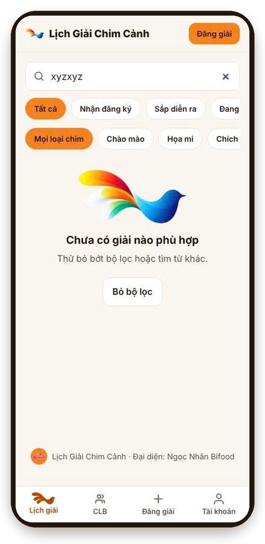 Tìm giải theo loại chim, bỏ bộ lọc nhanh