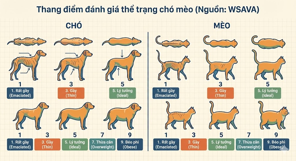 Thang điểm chỉ số BCS và MCS đánh giá thể trạng chó mèo từ gầy đến béo phì